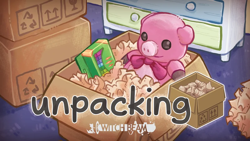 Unpacking official artwork with moving boxes, a stuffed pig and the game logo.