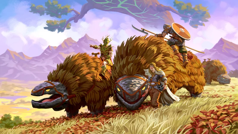 Official Valheim artwork showing adventurers riding a large beast.