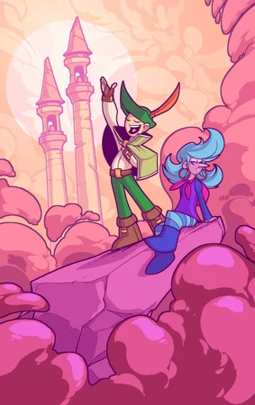 Official Wandersong promotional illustration: a singing bard, a witch, and a castle above the clouds